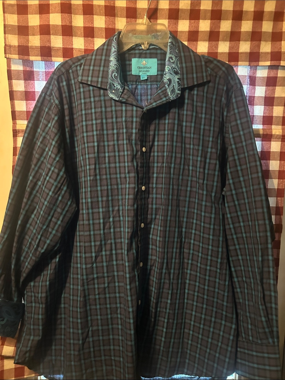 Christian Audigier Teal and Black Plaid Button-Down Shirt